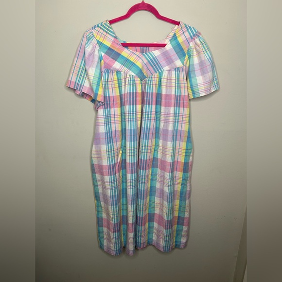 Vintage 80’s 90’s Colorful Plaid Cotton Midi Short Sleeve Dress Teacher sz Large - Picture 3 of 9